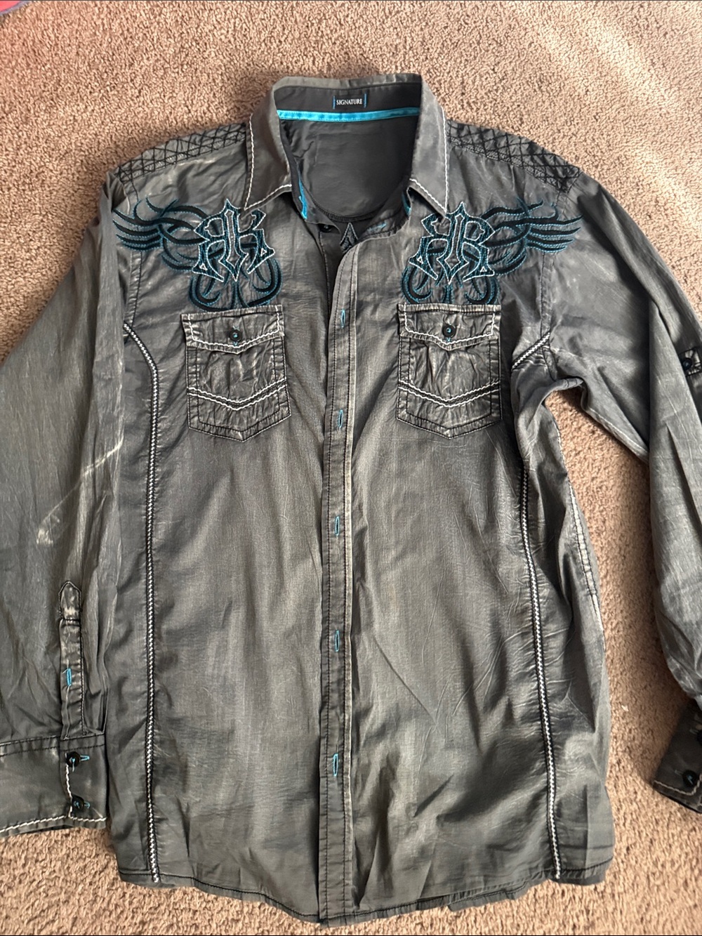 Roar Gray Shirt Jacket with Teal Embroidery
